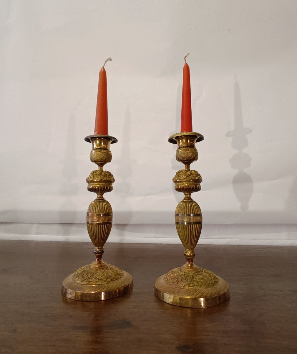 COPPIA DI CANDELIERI CARLO X IN BRONZO DORATO PRIMA META' XIX SECOLO -photo-3