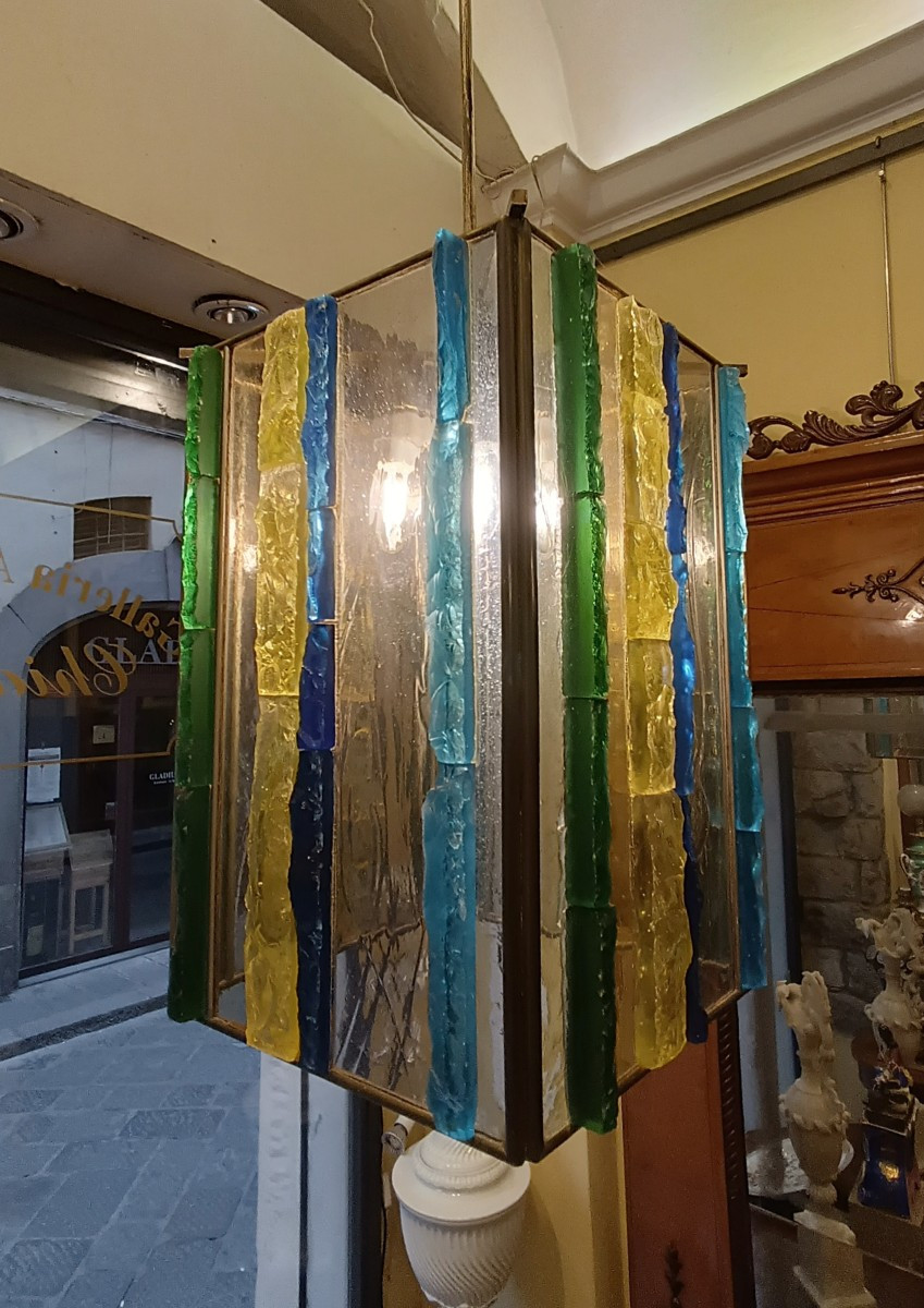 LAMPADARIO IN VETRO MULTICOLORE POLLONI ANNI '60 