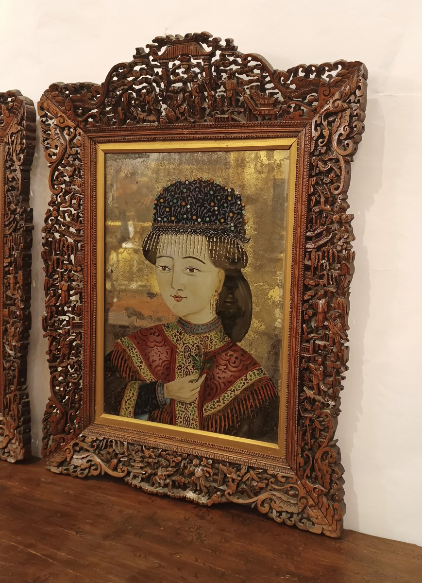 COPPIA DI DIPINTI A SPECCHIO QING FINE DEL XIX SECOLO-photo-4