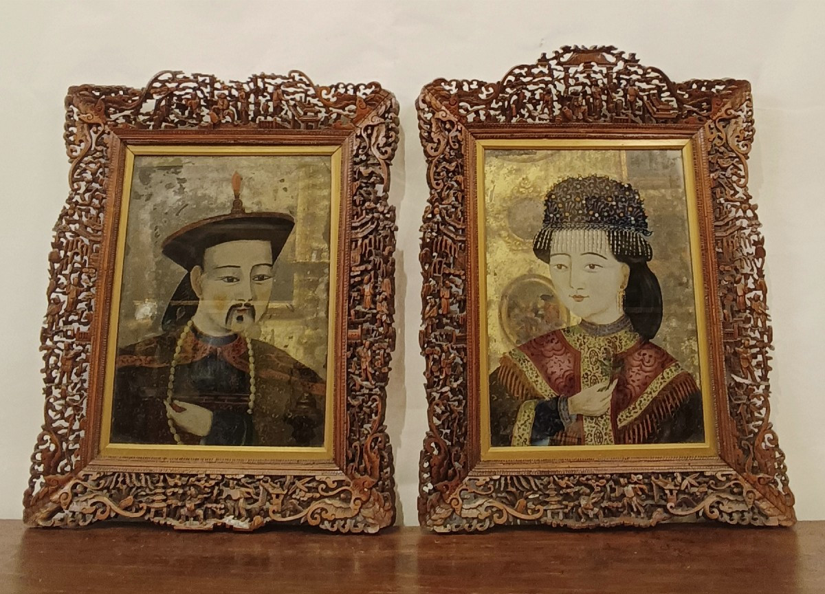 COPPIA DI DIPINTI A SPECCHIO QING FINE DEL XIX SECOLO