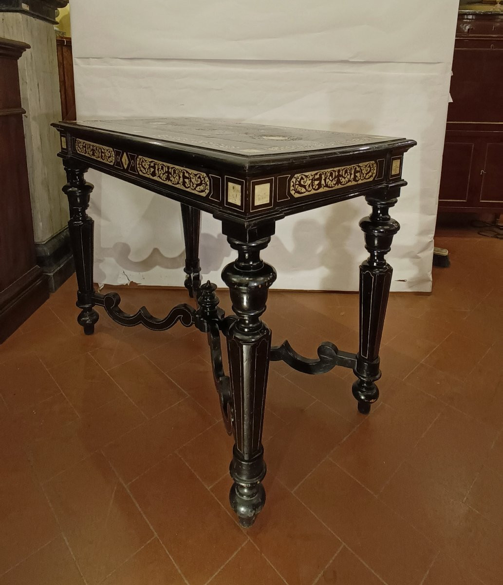 TAVOLO SCRITTOIO EBANIZZATO CON INTARSI META' XIX SECOLO-photo-2