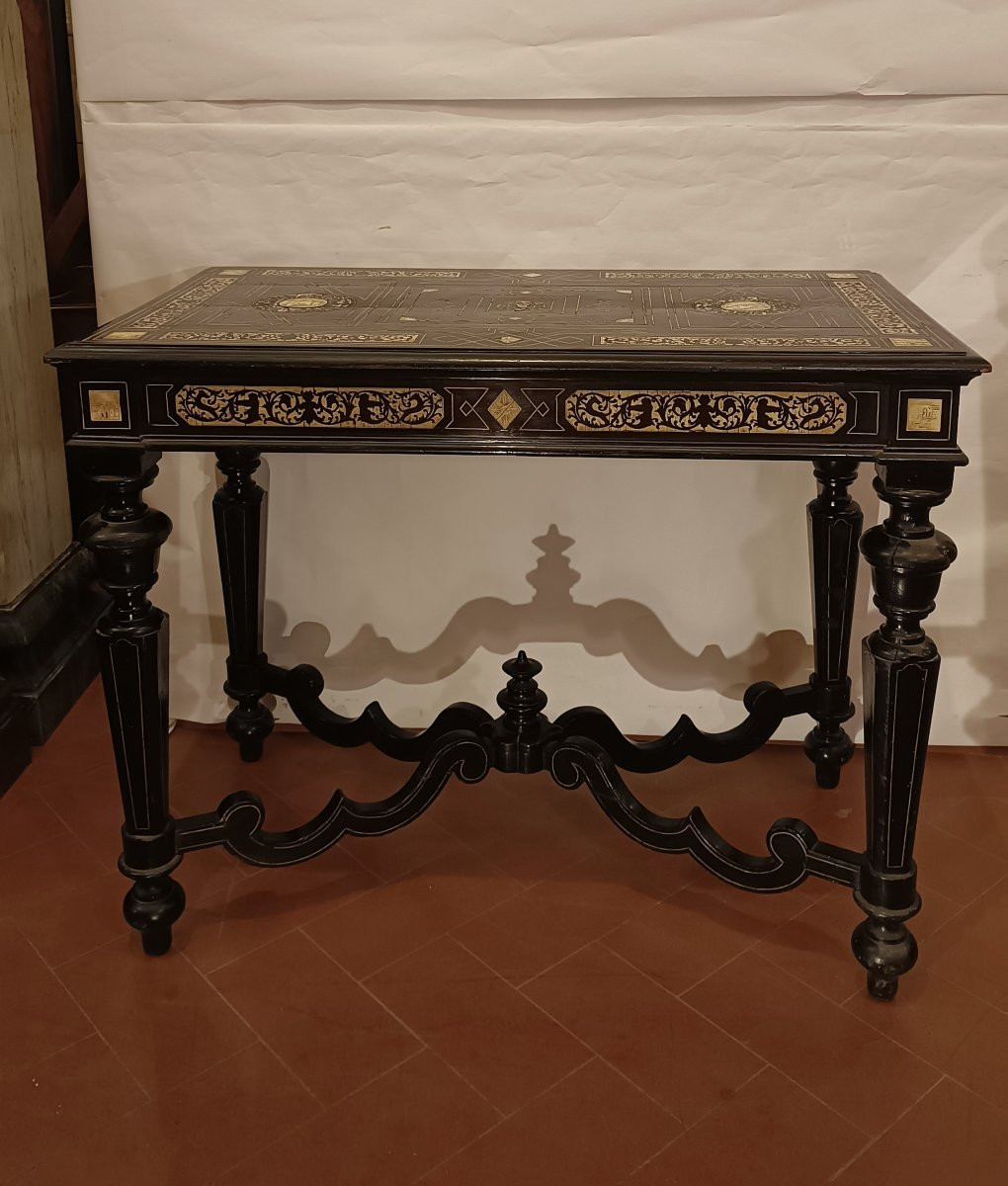 TAVOLO SCRITTOIO EBANIZZATO CON INTARSI META' XIX SECOLO-photo-4