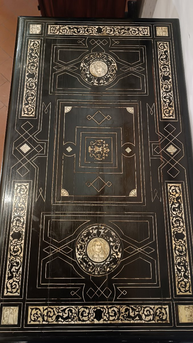TAVOLO SCRITTOIO EBANIZZATO CON INTARSI META' XIX SECOLO-photo-2