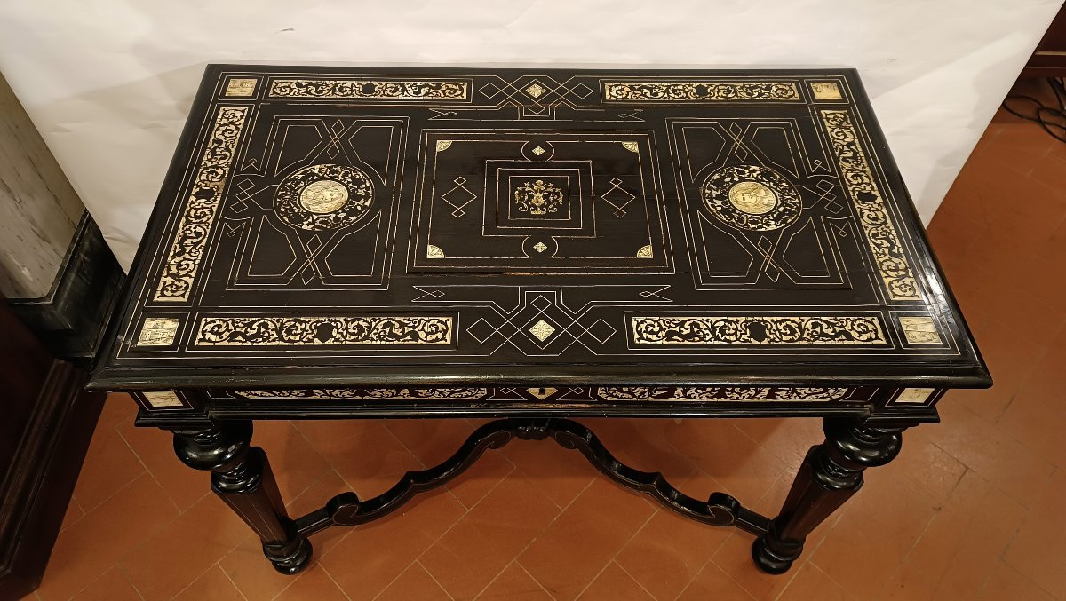 TAVOLO SCRITTOIO EBANIZZATO CON INTARSI META' XIX SECOLO-photo-3