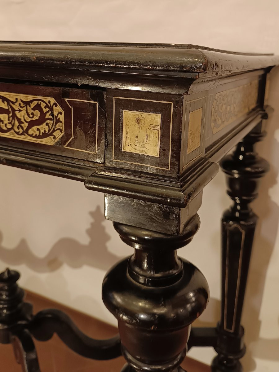 TAVOLO SCRITTOIO EBANIZZATO CON INTARSI META' XIX SECOLO-photo-6