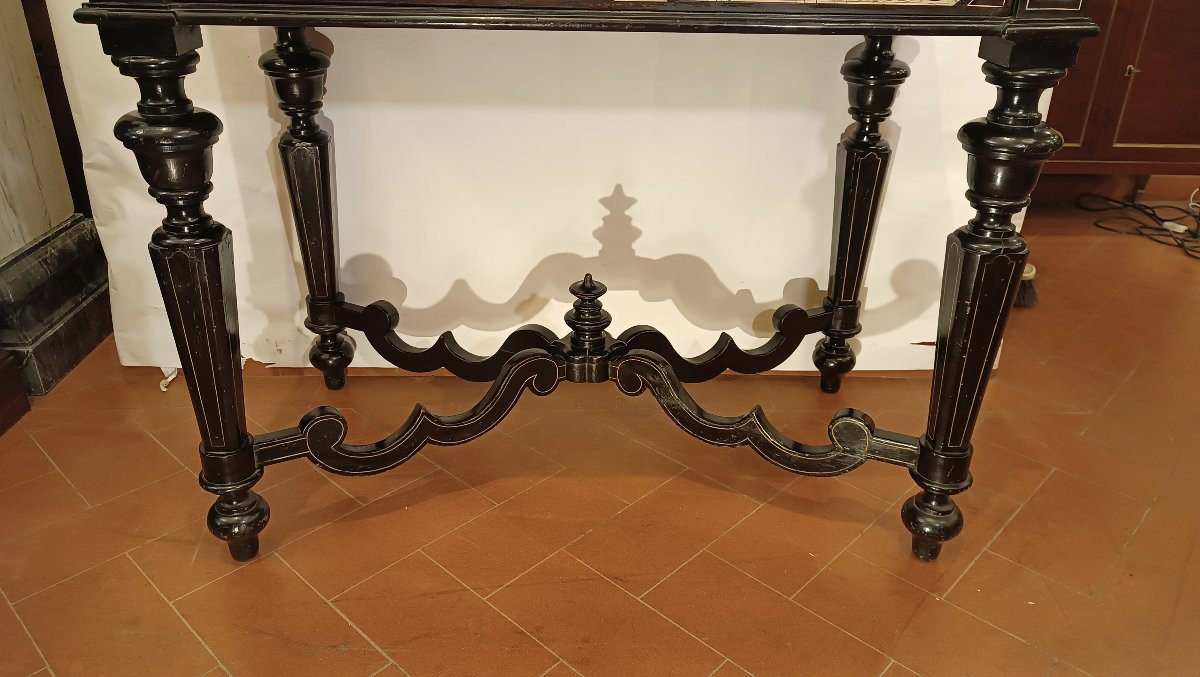 TAVOLO SCRITTOIO EBANIZZATO CON INTARSI META' XIX SECOLO-photo-7