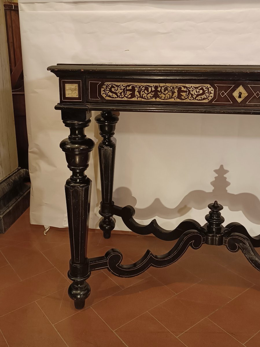 TAVOLO SCRITTOIO EBANIZZATO CON INTARSI META' XIX SECOLO-photo-8