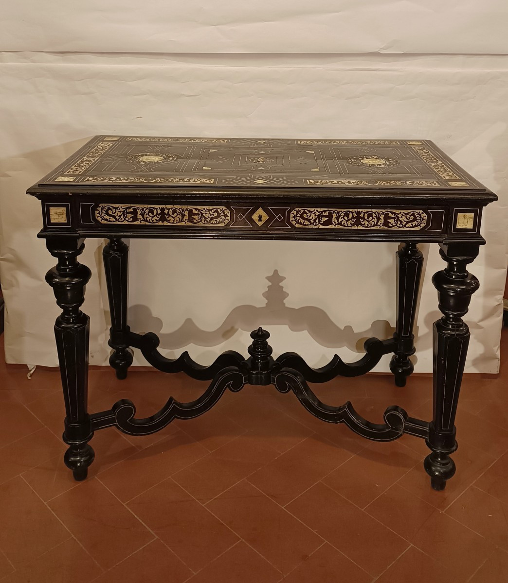 TAVOLO SCRITTOIO EBANIZZATO CON INTARSI META' XIX SECOLO