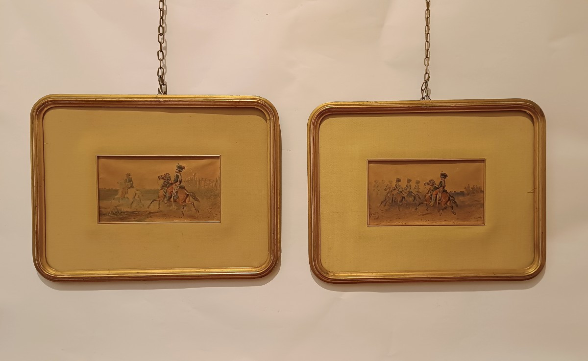 COPPIA DI QUADRETTI MILITARI SU CARTA FINE XIX SECOLO 