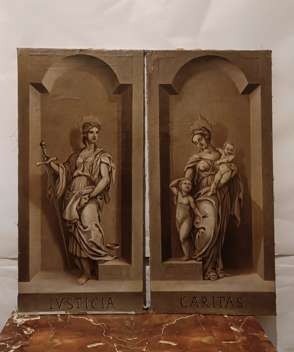 QUATTRO DIPINTI VIRTU' CARDINALI META' XVIII SECOLO-photo-3