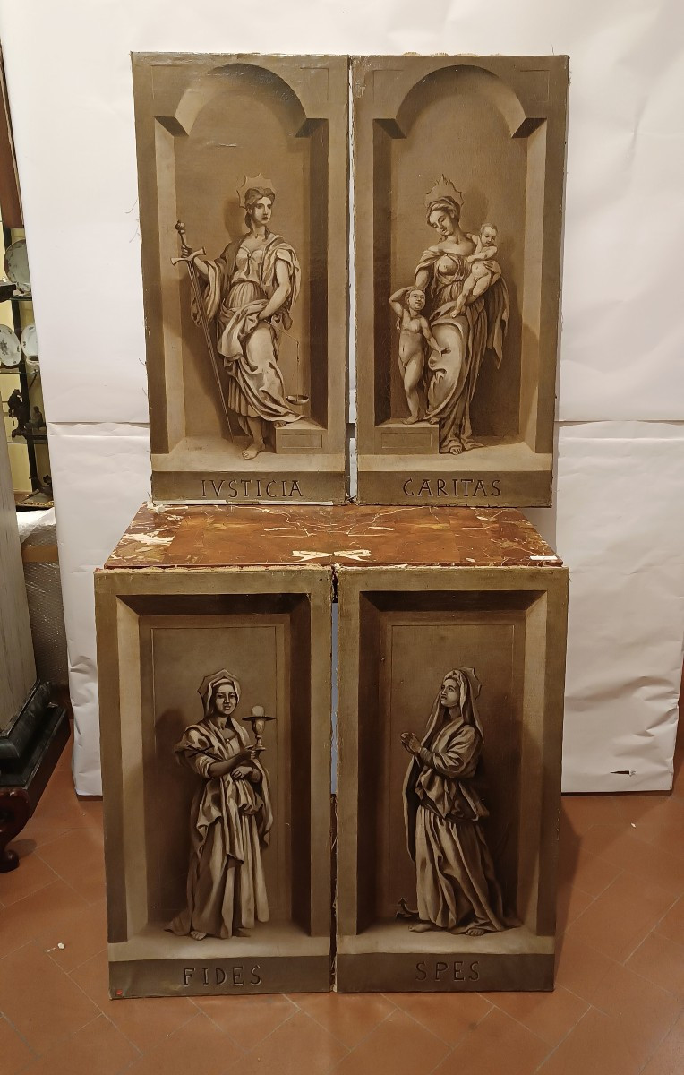 QUATTRO DIPINTI VIRTU' CARDINALI META' XVIII SECOLO