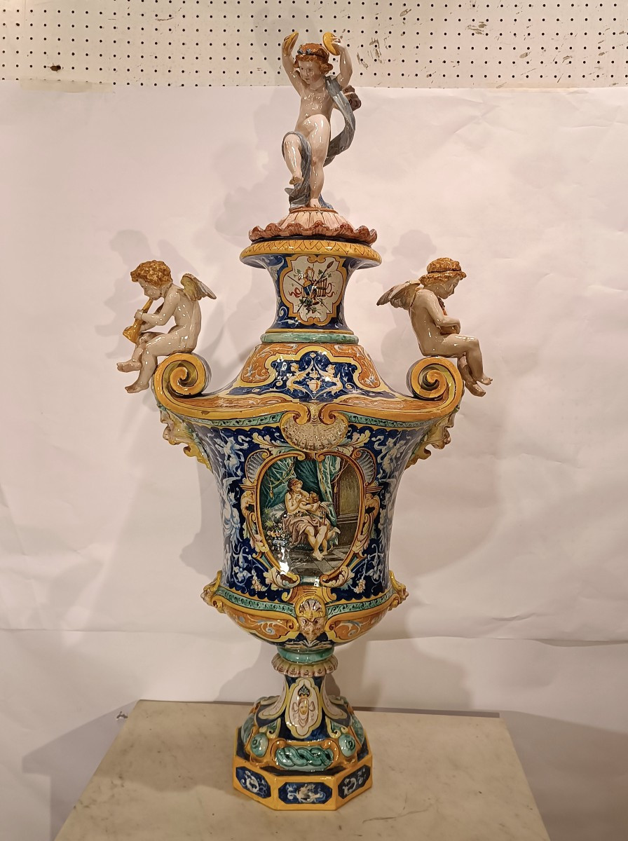 GRANDE VASO IN MAIOLICA POLICROMA JAFET TORELLI SECONDA META' XIX SECOLO