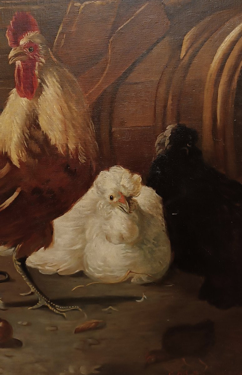 DIPINTO CON GALLI E GALLINE META' XIX SECOLO-photo-1