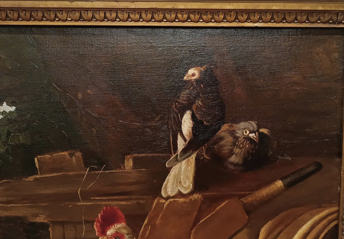 DIPINTO CON GALLI E GALLINE META' XIX SECOLO-photo-2