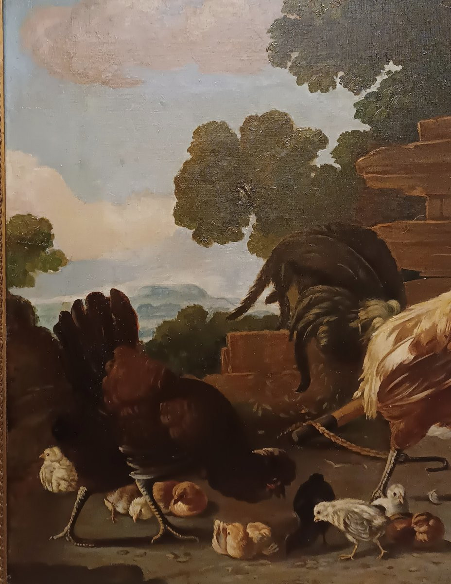 DIPINTO CON GALLI E GALLINE META' XIX SECOLO-photo-7