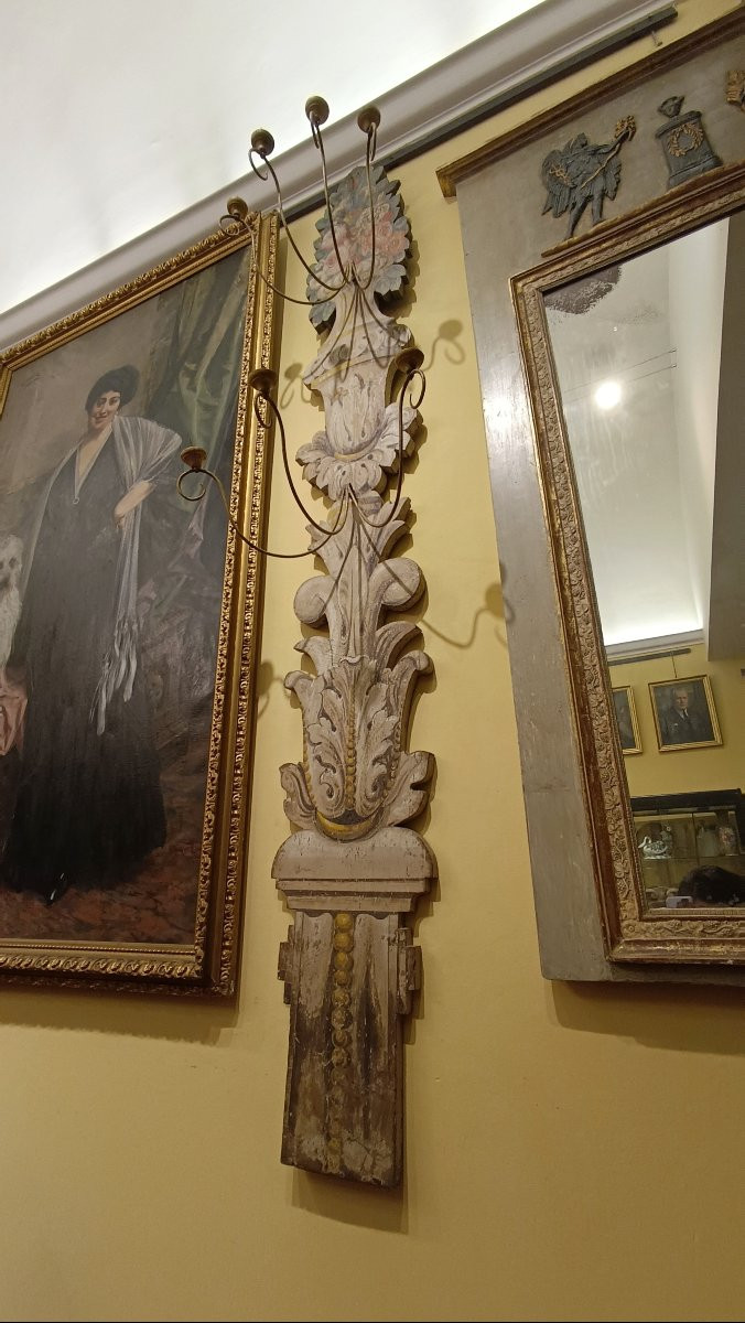 GRANDE APPLIQUE IN LEGNO DIPINTO META' XIX SECOLO-photo-2