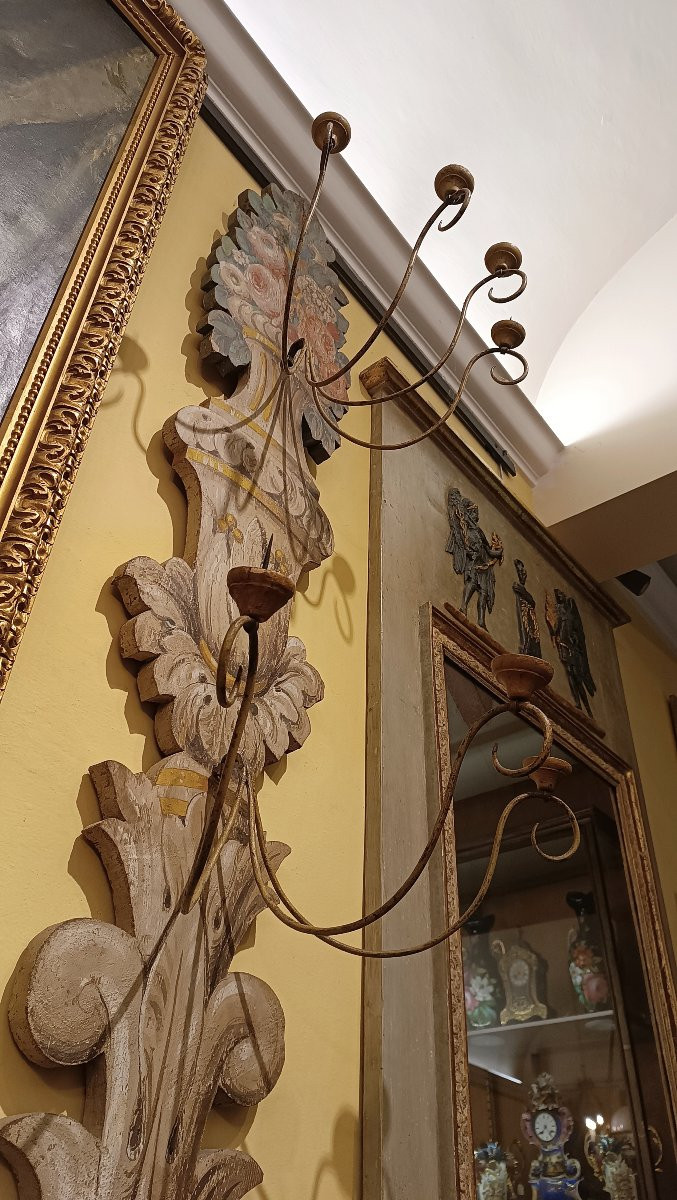 GRANDE APPLIQUE IN LEGNO DIPINTO META' XIX SECOLO-photo-1