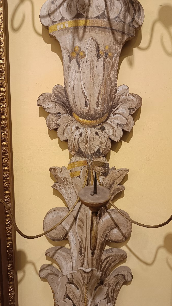 GRANDE APPLIQUE IN LEGNO DIPINTO META' XIX SECOLO-photo-3
