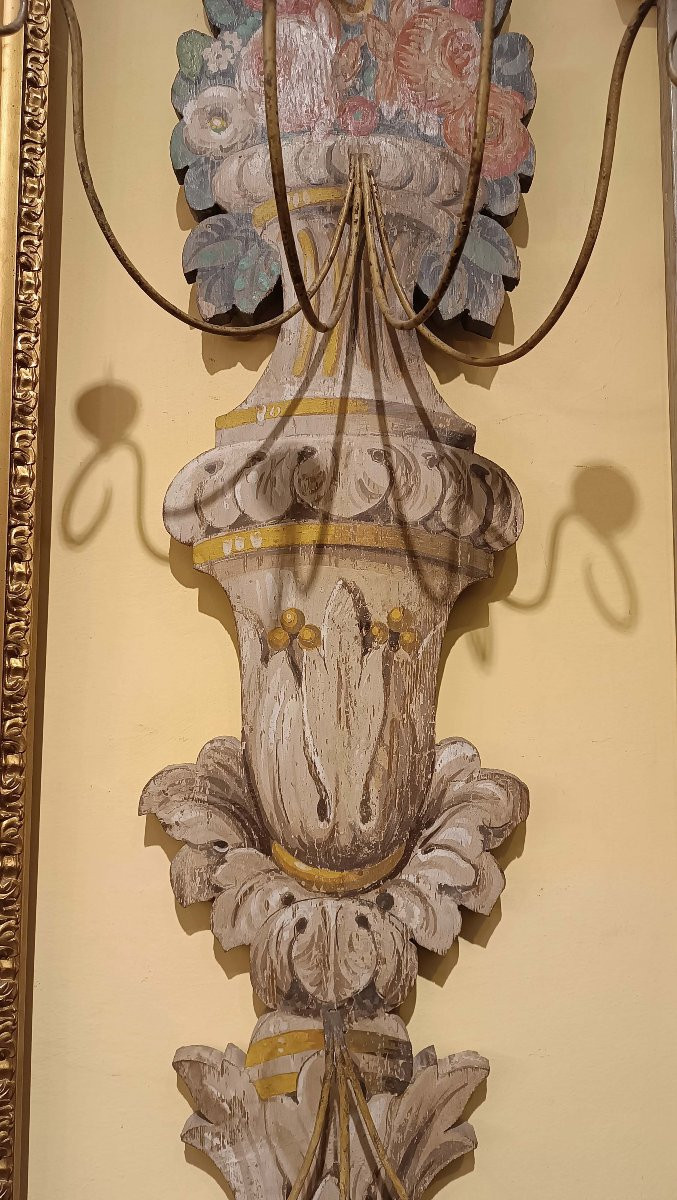 GRANDE APPLIQUE IN LEGNO DIPINTO META' XIX SECOLO-photo-4