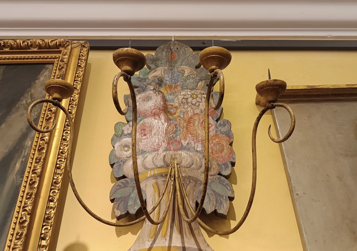 GRANDE APPLIQUE IN LEGNO DIPINTO META' XIX SECOLO-photo-5
