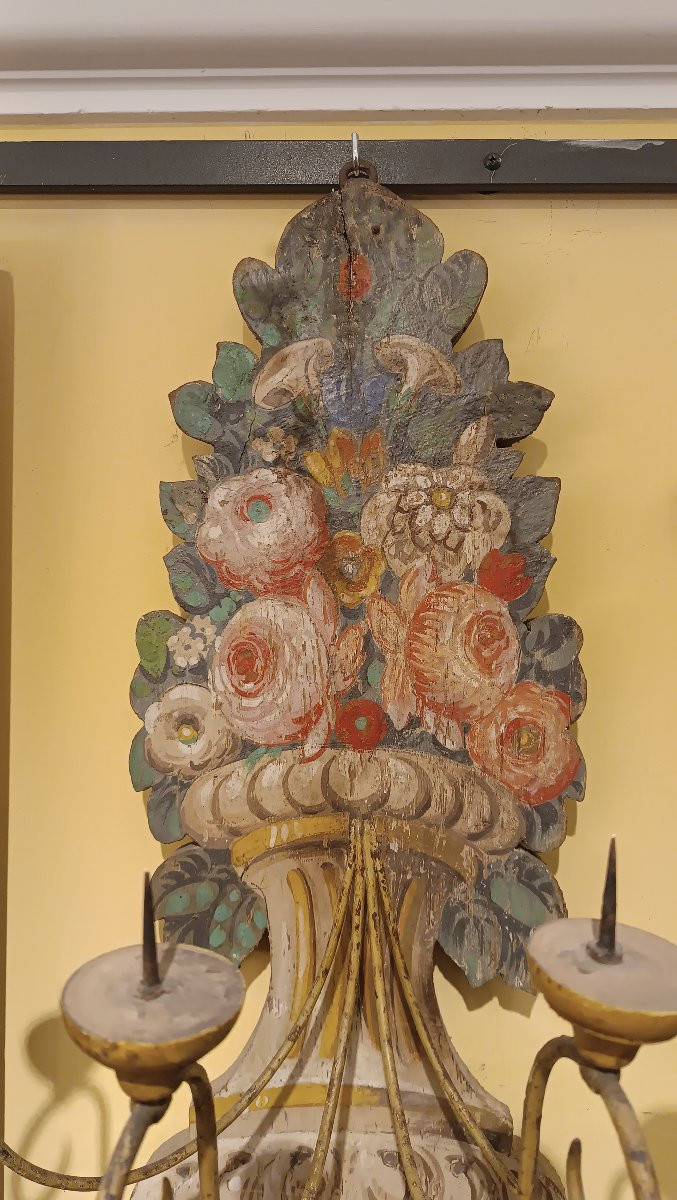 GRANDE APPLIQUE IN LEGNO DIPINTO META' XIX SECOLO-photo-6