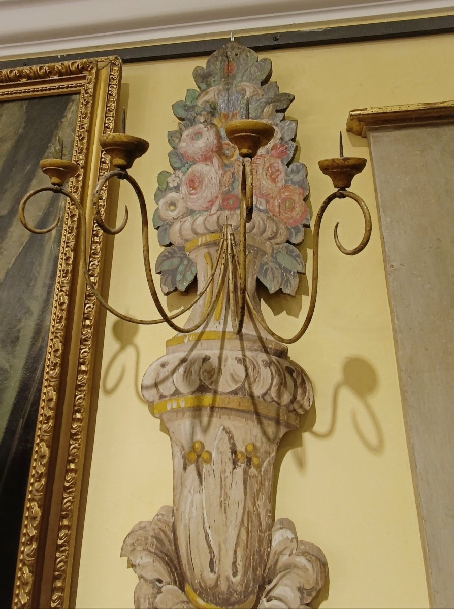 GRANDE APPLIQUE IN LEGNO DIPINTO META' XIX SECOLO-photo-7