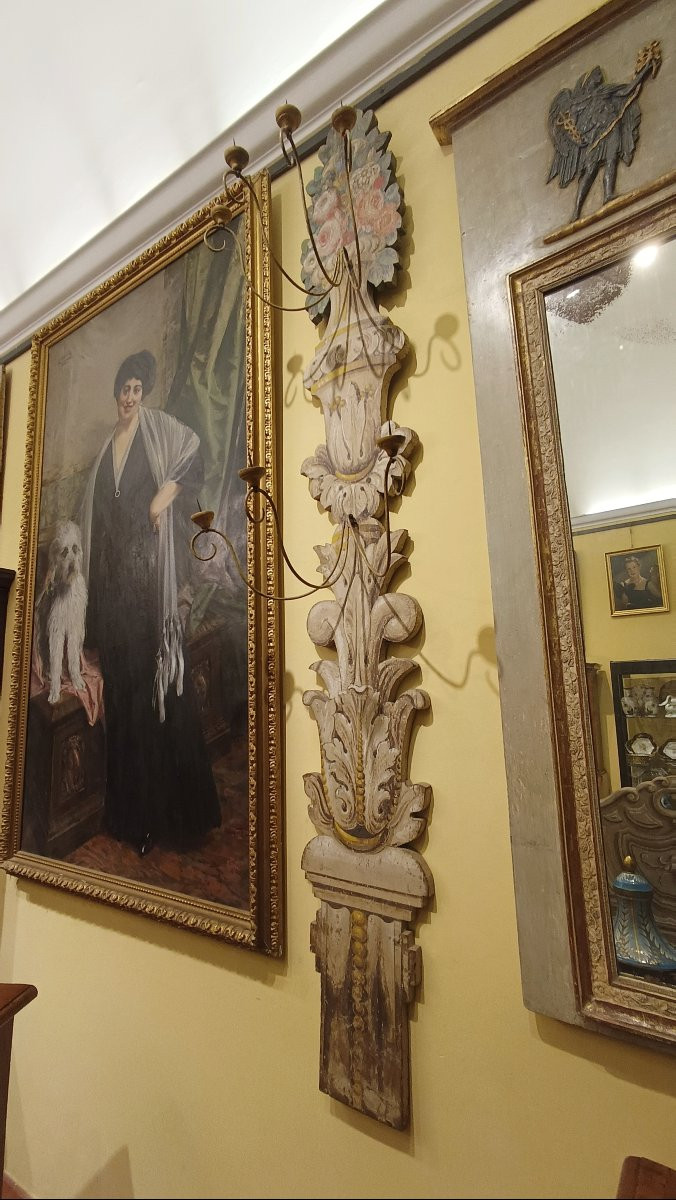 GRANDE APPLIQUE IN LEGNO DIPINTO META' XIX SECOLO-photo-8