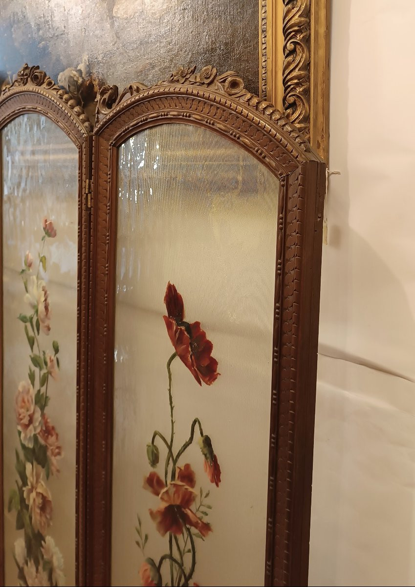 PARAVENTO IN NOCE E VETRO DIPINTO INIZI XX SECOLO-photo-3