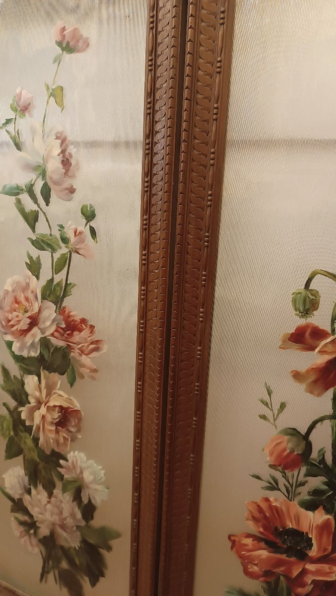 PARAVENTO IN NOCE E VETRO DIPINTO INIZI XX SECOLO-photo-4