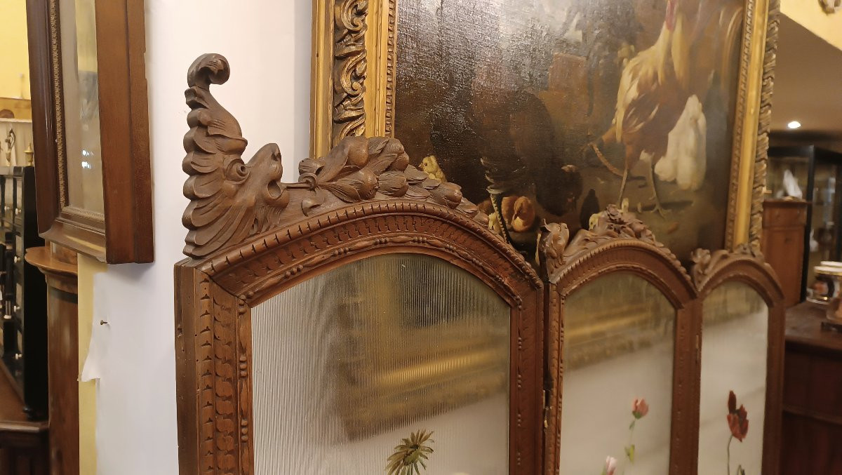 PARAVENTO IN NOCE E VETRO DIPINTO INIZI XX SECOLO-photo-1