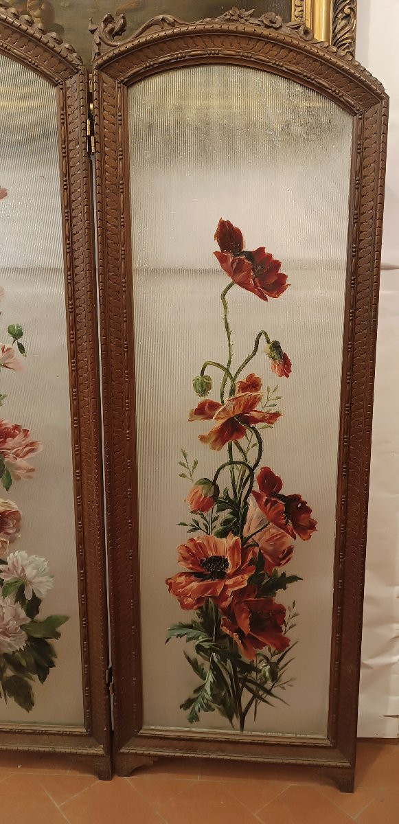 PARAVENTO IN NOCE E VETRO DIPINTO INIZI XX SECOLO-photo-4