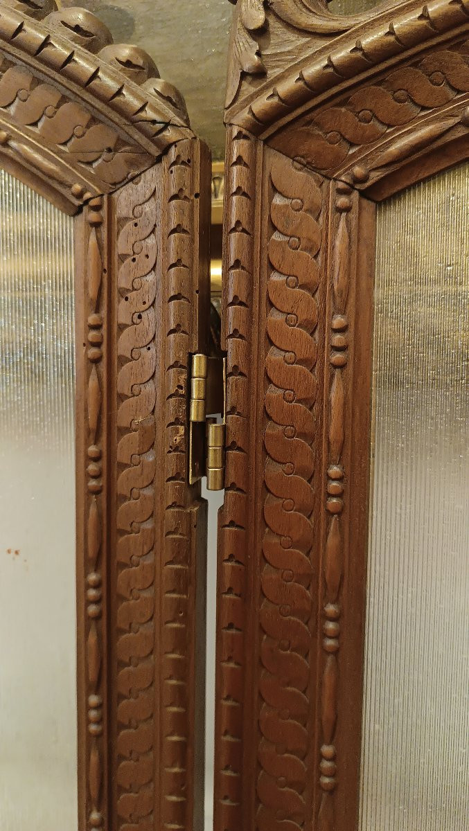 PARAVENTO IN NOCE E VETRO DIPINTO INIZI XX SECOLO-photo-5