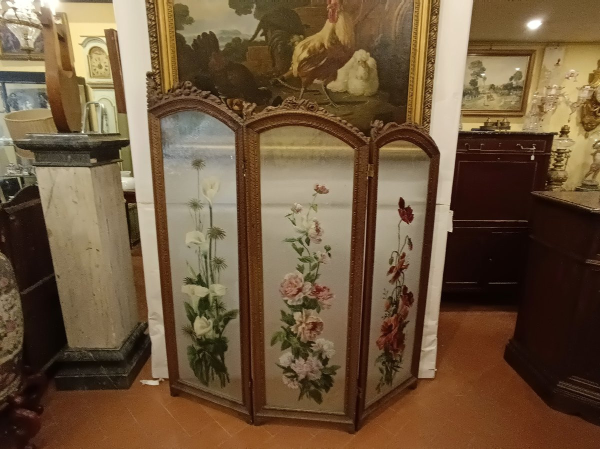 PARAVENTO IN NOCE E VETRO DIPINTO INIZI XX SECOLO-photo-6