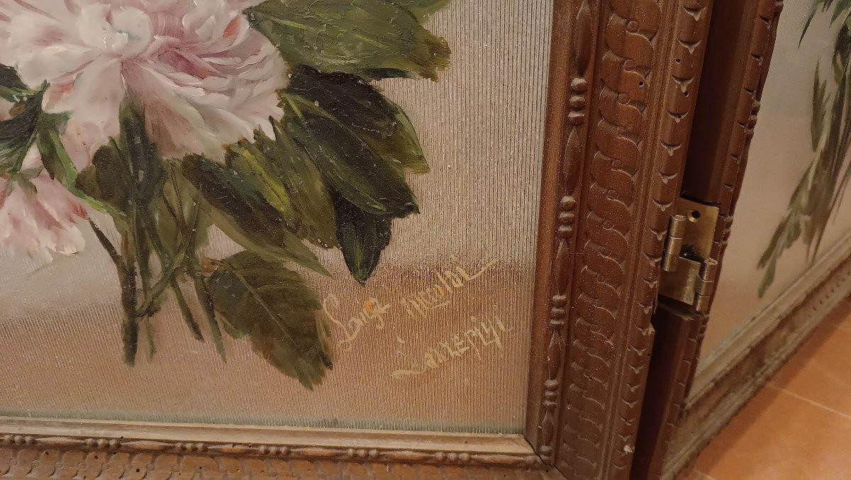 PARAVENTO IN NOCE E VETRO DIPINTO INIZI XX SECOLO-photo-7