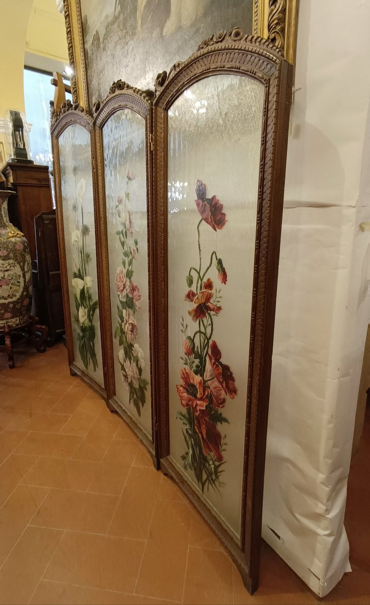 PARAVENTO IN NOCE E VETRO DIPINTO INIZI XX SECOLO-photo-8