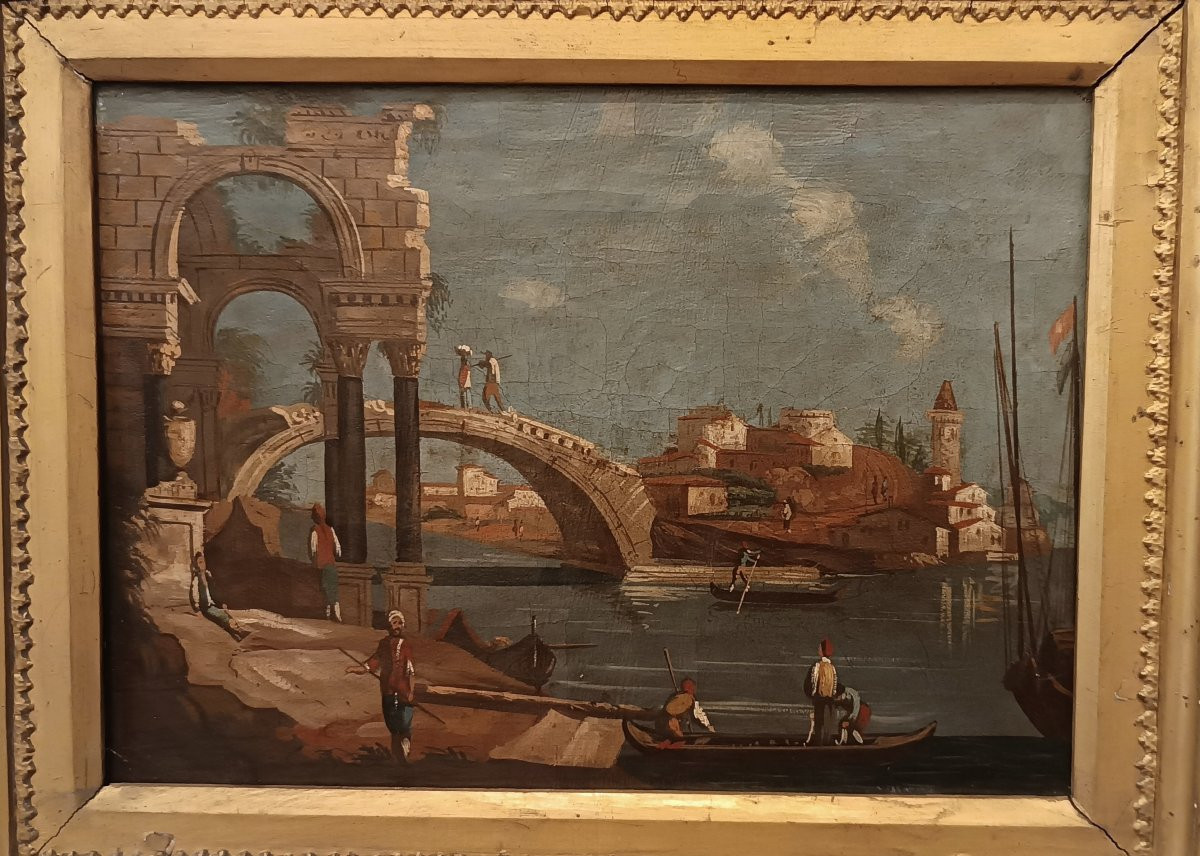 DIPINTO CON CAPRICCIO ARCHITETTONICO PRIMA META' XIX SECOLO-photo-3