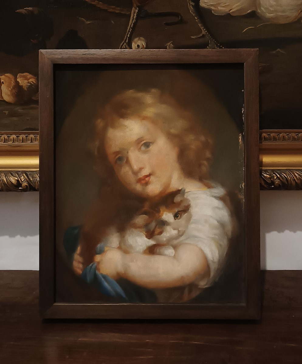 RITRATTO DI FANCIULLO CON GATTO PRIMI XX SECOLO 