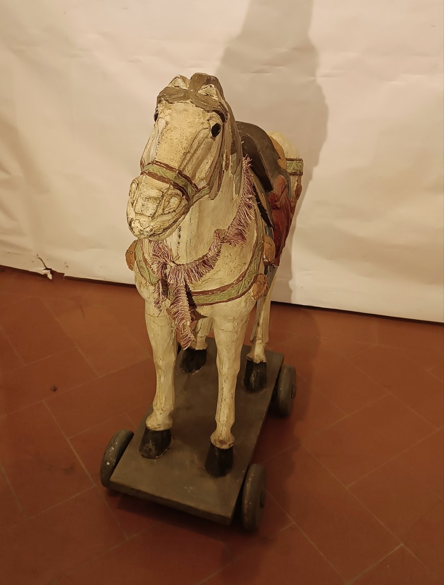 CAVALLO DA GIOCO IN LEGNO DIPINTO META' XIX SECOLO-photo-2