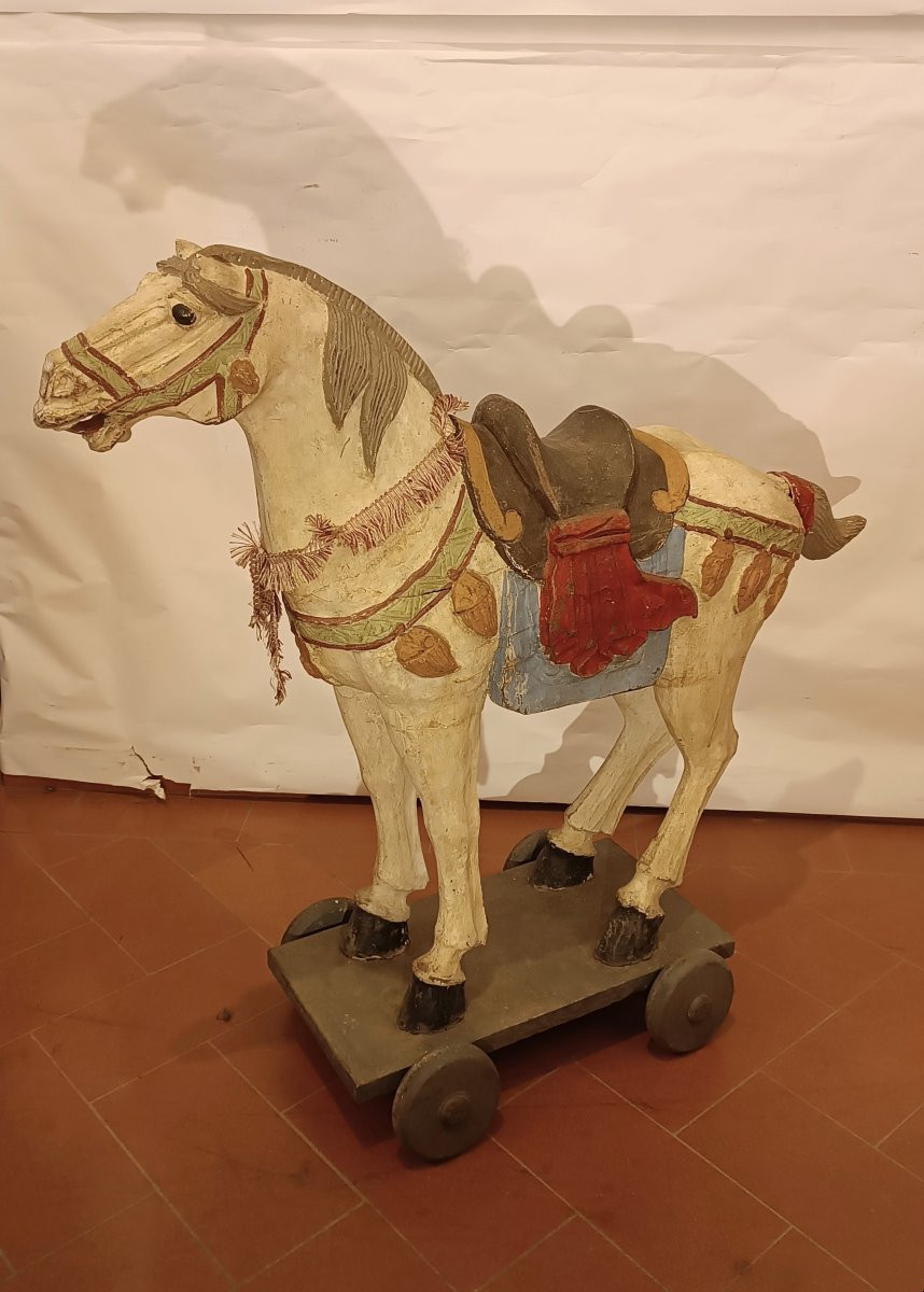 CAVALLO DA GIOCO IN LEGNO DIPINTO META' XIX SECOLO-photo-3