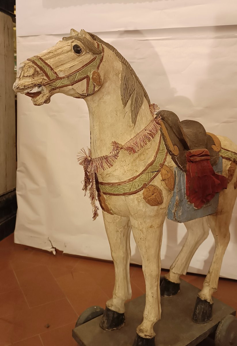 CAVALLO DA GIOCO IN LEGNO DIPINTO META' XIX SECOLO-photo-4