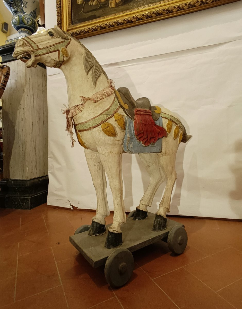 CAVALLO DA GIOCO IN LEGNO DIPINTO META' XIX SECOLO-photo-5