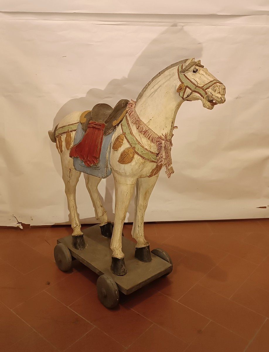CAVALLO DA GIOCO IN LEGNO DIPINTO META' XIX SECOLO