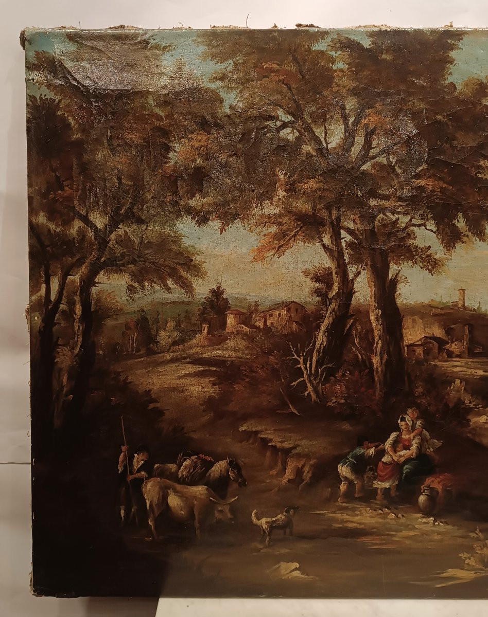 DIPINTO CON PAESAGGIO E FIGURE FINE XVIII SECOLO-photo-2