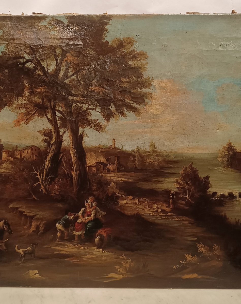 DIPINTO CON PAESAGGIO E FIGURE FINE XVIII SECOLO-photo-3