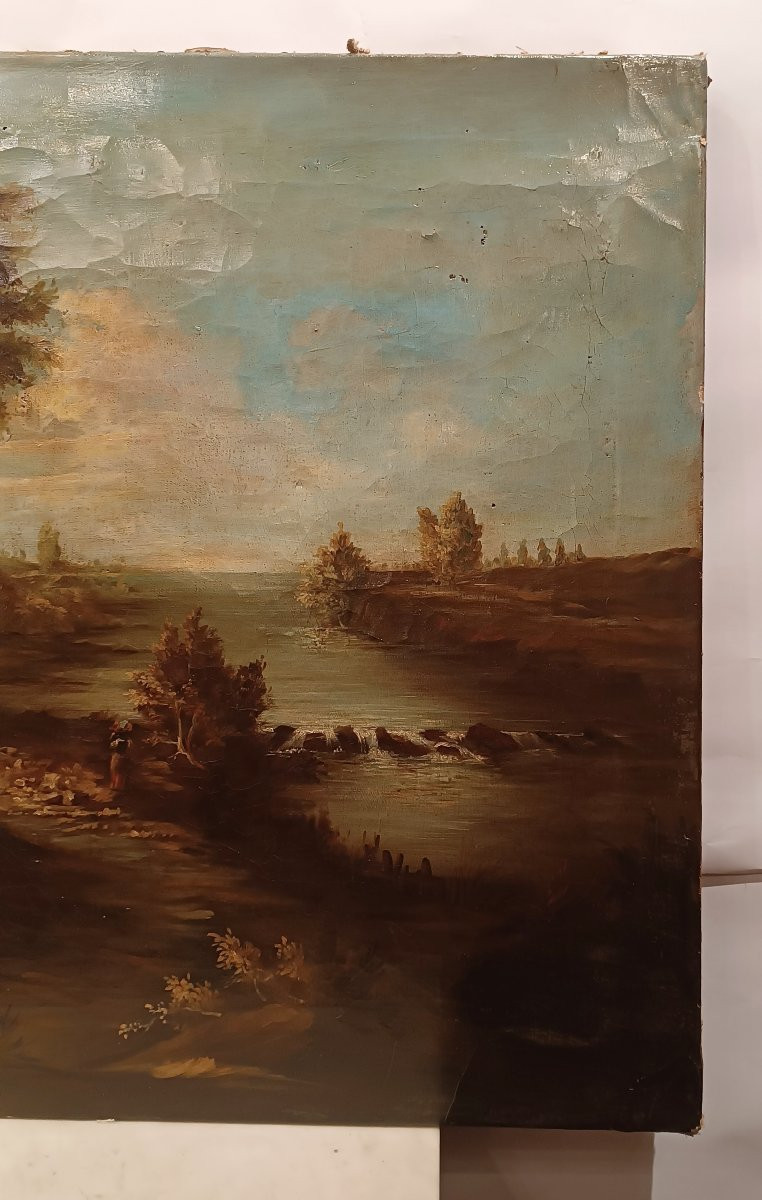 DIPINTO CON PAESAGGIO E FIGURE FINE XVIII SECOLO-photo-4