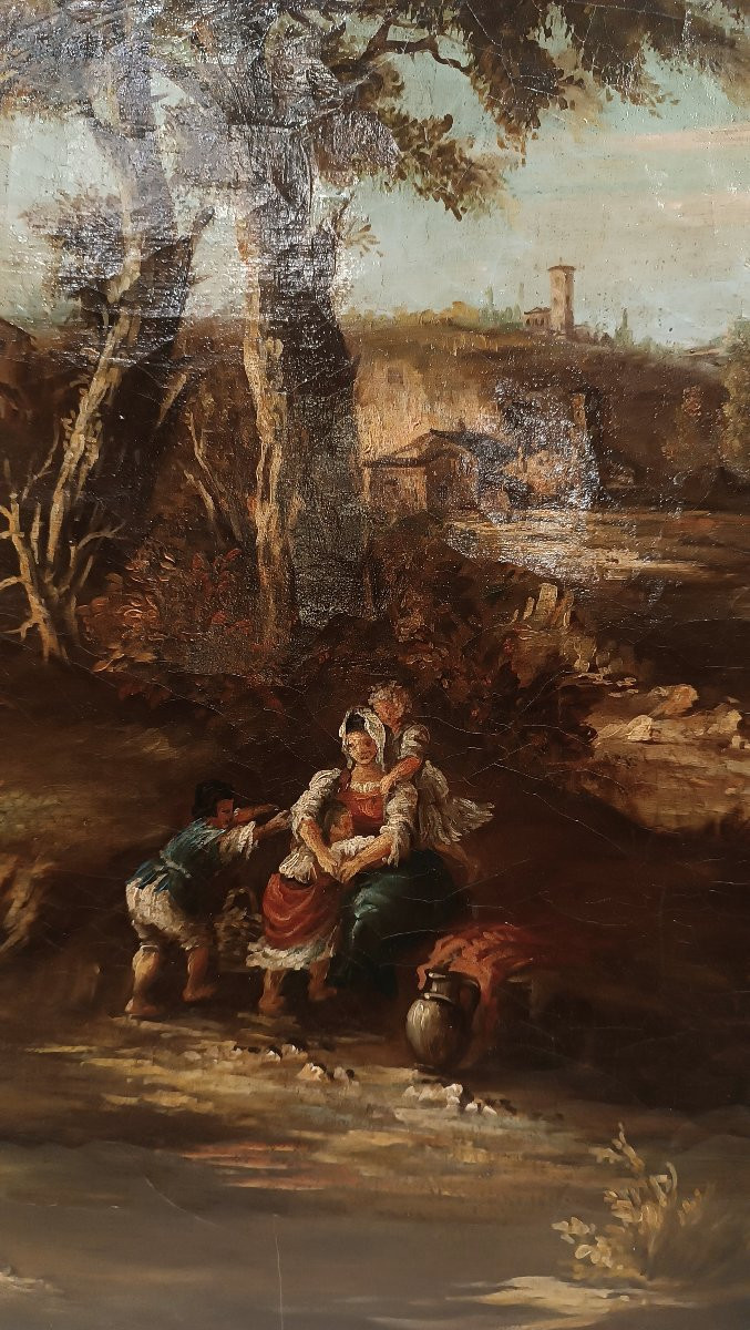 DIPINTO CON PAESAGGIO E FIGURE FINE XVIII SECOLO-photo-2