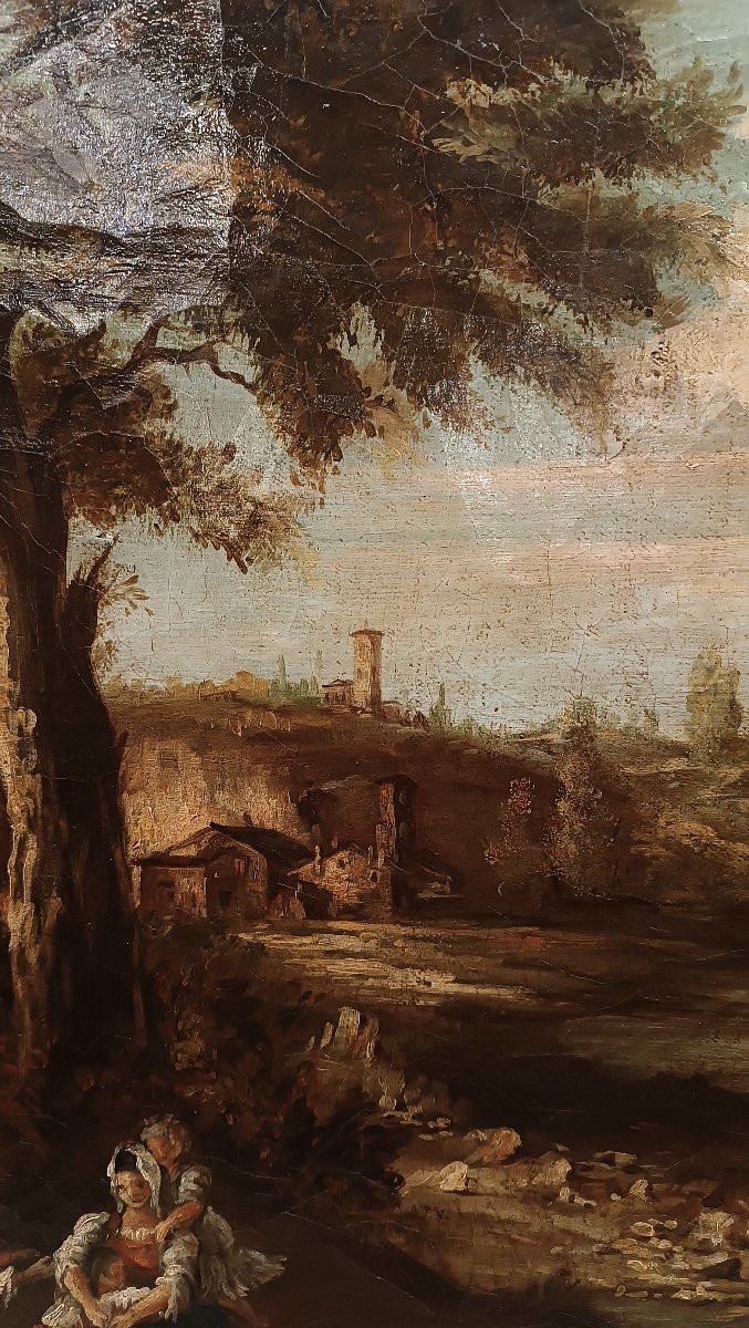 DIPINTO CON PAESAGGIO E FIGURE FINE XVIII SECOLO-photo-3