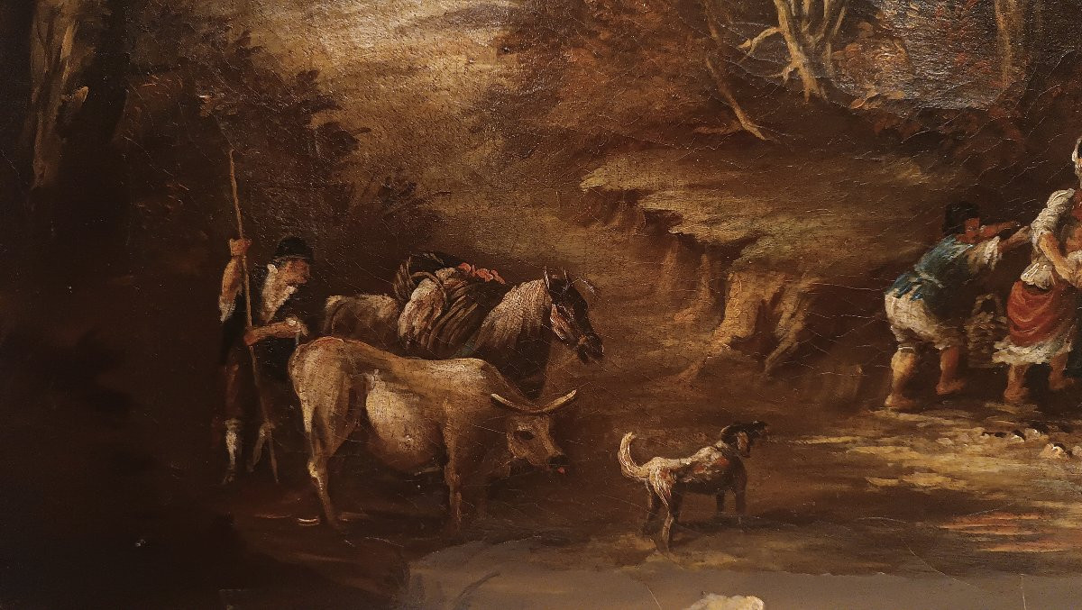 DIPINTO CON PAESAGGIO E FIGURE FINE XVIII SECOLO-photo-4