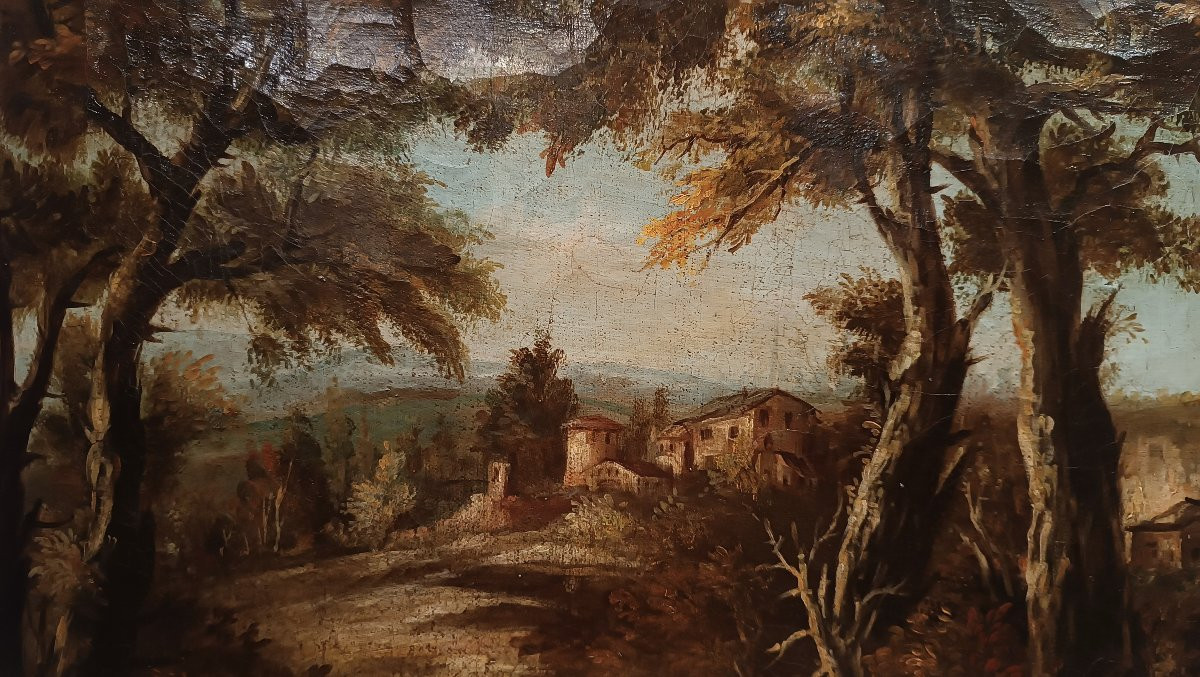DIPINTO CON PAESAGGIO E FIGURE FINE XVIII SECOLO-photo-5