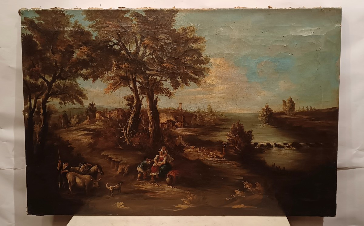 DIPINTO CON PAESAGGIO E FIGURE FINE XVIII SECOLO